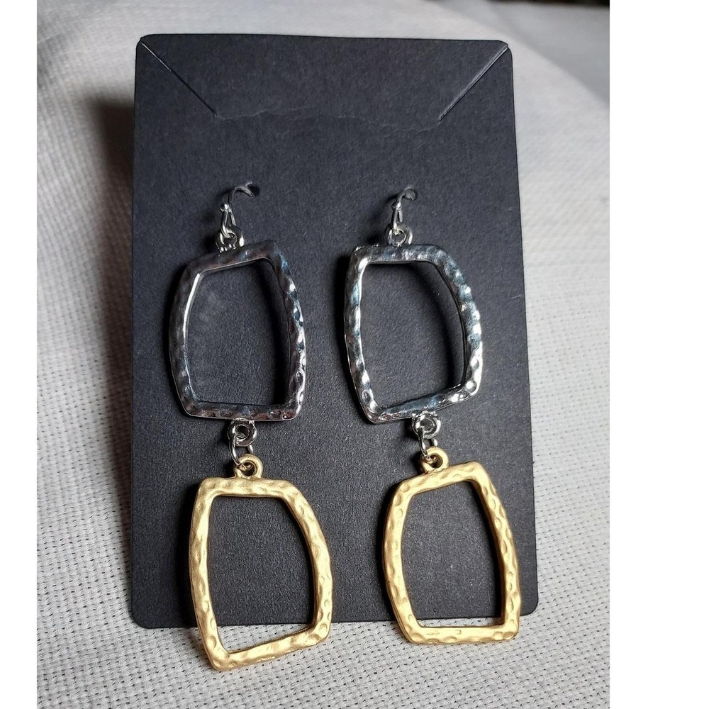 Mixed Metal Silver Gold Tone Two Tier Wavy Open Frame Geometric Drop Earrings